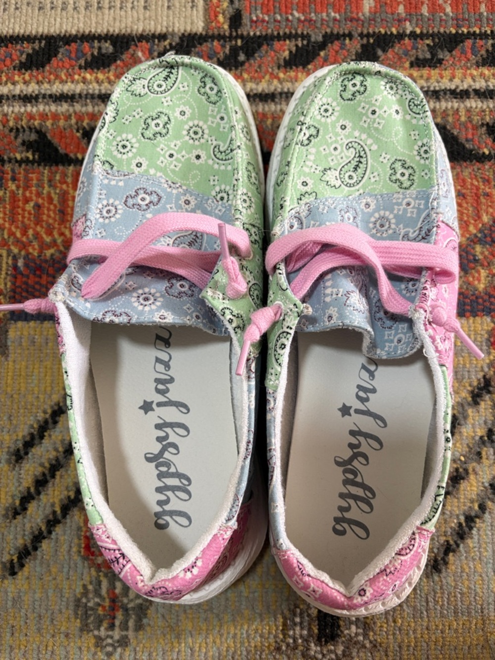Gypsy Jazz Pastel Bandana Print Loafers in Green, Blue & Pink